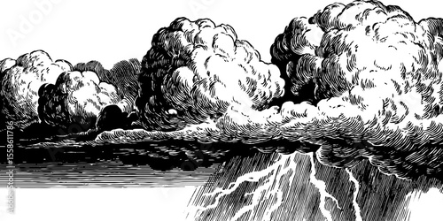 Vintage hand drawn thunderstorms and rain bursts engraving for retro design