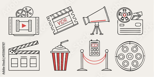 Cinema set of web icons in line style. Movie and Film linear icon collection. Containing video, movie theater, 3d, vr, popcorn, ticket, director, soundtrack and more. Editable vector