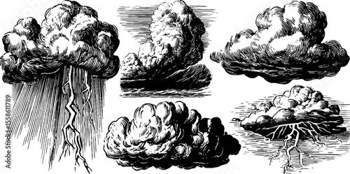 Vintage thunderstorm and raincloud engravings for weather-themed design