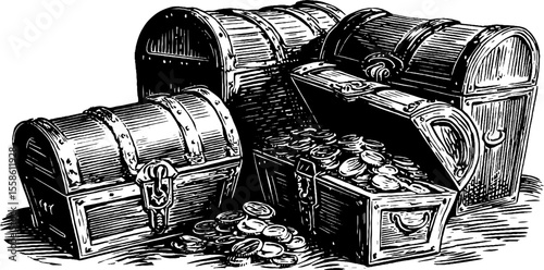 Vintage treasure chests with coins spilling - retro hand-drawn engraving for design and decoration
