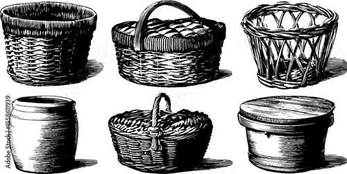 Traditional woven baskets set: hand drawn illustrations for design and decor projects
