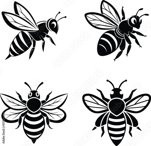 bee flying icon set, dotted path illustration, hand drawn silhouette