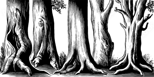 Vintage tree trunks and bark textures with branches silhouette for retro design
