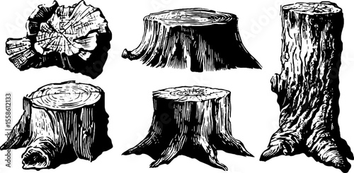 Vintage tree trunks and bark textures engraving illustration for nature-inspired design