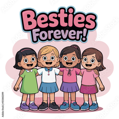 Best friends forever cartoon vector illustration of friendship girls group besties hugging happy childhood fun cartoon vector illustration
