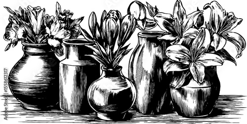 Vintage ceramic vases with floral arrangements for decorative design