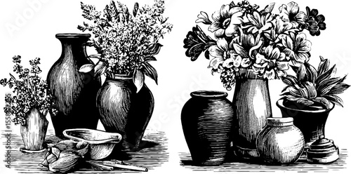 Vintage hand drawn vases with flowers and ceramic vessels sketch