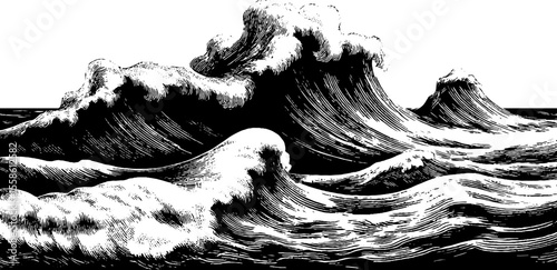 Vintage ocean waves with sea foam rolling crests for nautical design
