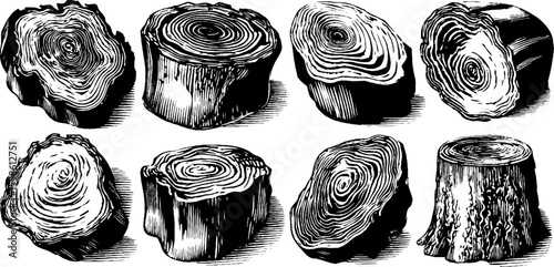 Vintage wood grain and knotted texture compilation - hand drawn engravings for retro design