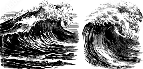 Vintage hand drawn waves and crashing foam engraving for retro design