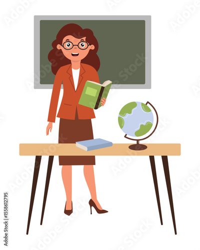 Teacher stands in classroom with book and globe, engaging students in geography lesson during school day. Business woman in flat style on white background. Vector illustration.
