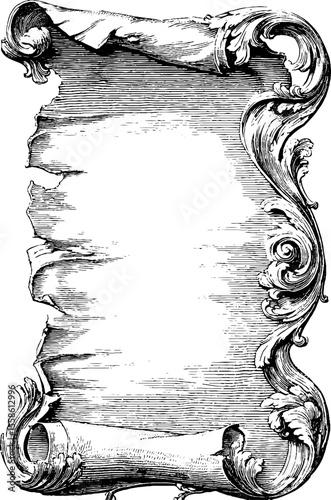 Ornate vintage scroll banner with torn and burned edges for retro design