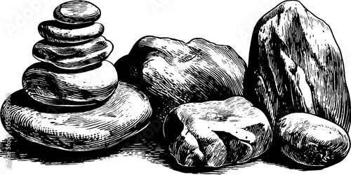 Tranquil zen stones and stacked forms - hand drawn design for meditation decor
