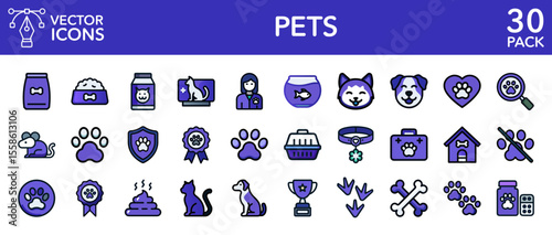 Pets shop veterinary clinic animal care dog cat vector glyph icons set
