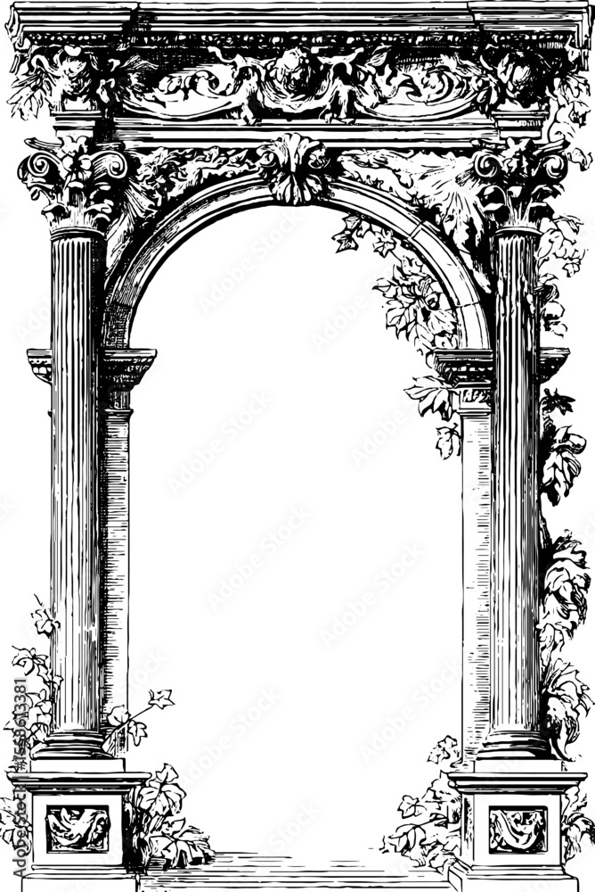 Fototapeta premium Vintage roman arch with decorative columns and ivy for retro design projects
