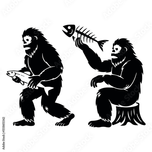 Bigfoot sasquatch eating fish illustration vector drawing design graphic silhouette monster legend creature art cartoon vector illustration