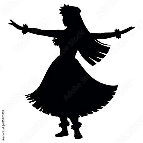 Silhouette of hula dancer performing traditional hawaiian dance with lei and grass skirt design