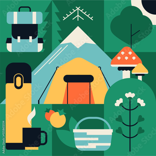 Forest campsite - colorful flat design style illustration