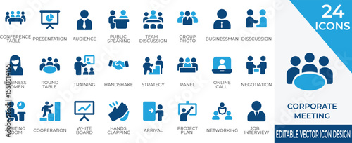 A PROFESSIONAL VECTOR ICON COLLECTION REPRESENTING CORPORATE MEETING , TEAMWORK, AND BUSINESS STRATEGY, ELEMENTS. PERFECT FOR OFFICE PRESENTATION, HR DOCUMENTS AND ENTERPRISE UI DESIGN 