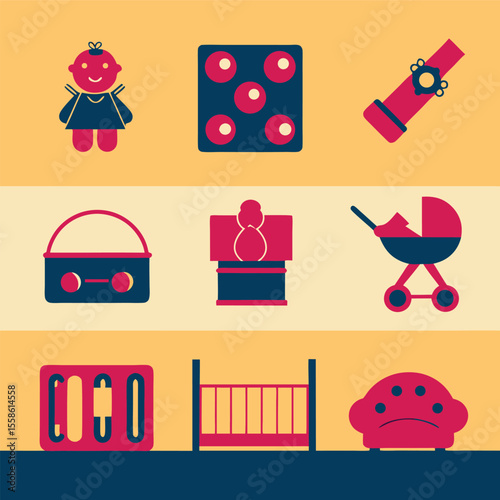 Simple flat design illustrations of various baby objects on a white background