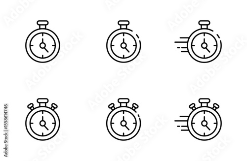 Minimal stopwatch icons set, Time Tracking Symbols, Linear Timer Illustrations, Fast Countdown Graphics, Thin Line Chronometer Designs, vector illustration.