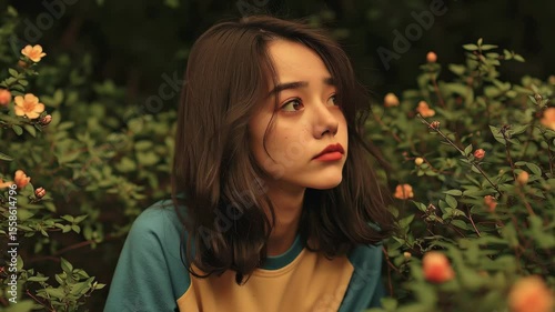 Young asian female with sad facial expression sitting in flowering garden bushes, melancholic mood, emotional teenage portrait in nature 