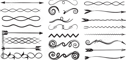 Isolated Hand Drawn Arrow Elements Vector Collection, 50 Unique Black Line Style Curved And Swirly Arrows, Doodle Direction Symbols, Sketchy Pointer Icons, Minimal Design, Clean Line Art