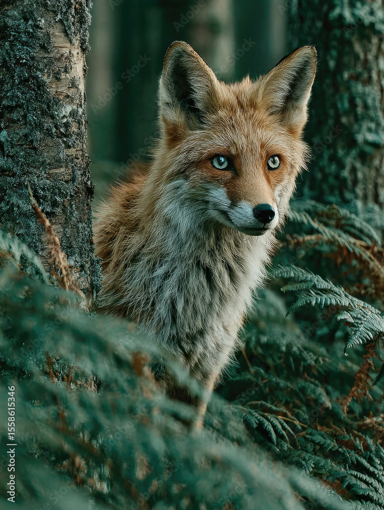 Fototapeta premium red fox with blue eyes looking through green branches