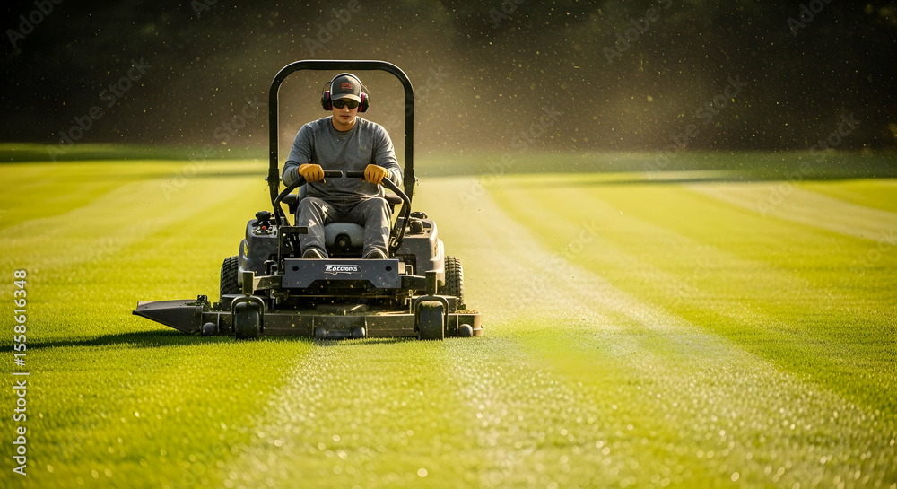 Obraz premium Professional Groundsman Mowing Large Green Grass Field at Golden Hour