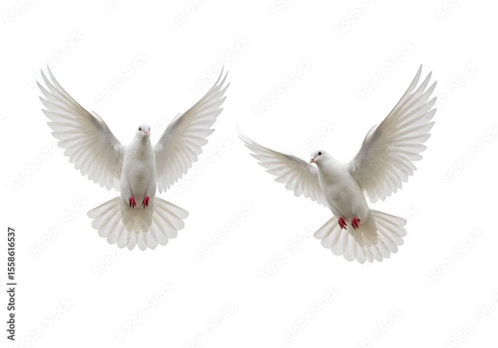 Fototapeta premium Two white doves are in flight, symbolizing peace and freedom. Great for logos, backgrounds, or designs promoting peace and unity isolated on white or transparent background. PNG