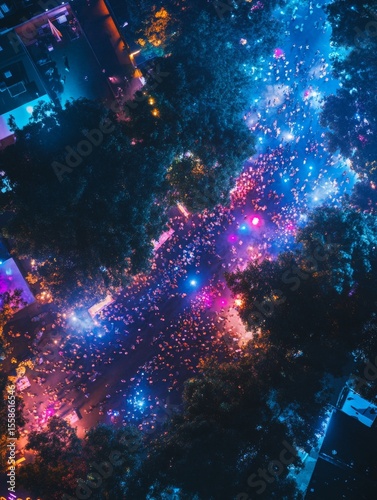 The image depicts a bustling night scene on a city street where a large crowd of people has gathered. 