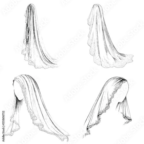 Elegant hand-drawn bridal veils in black and white, featuring lace and flowy textures, perfect for fashion sketch, wedding design, and bridal accessory illustrations.

