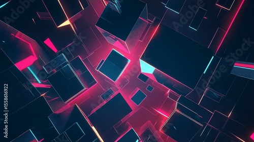 Abstract geometric structure with neon glow and dark background aesthetic