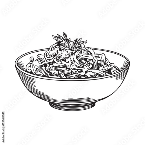 Delicious noodle bowl with fresh herbs and vegetables