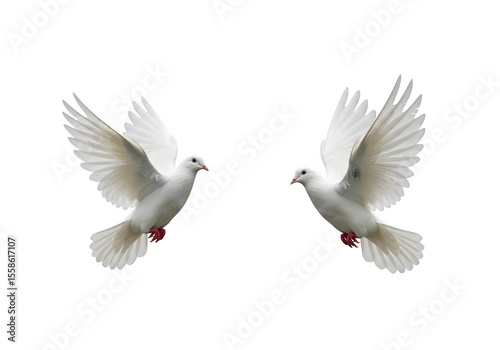 Two white doves are in flight, symbolizing peace and freedom. Great for logos, backgrounds, or designs promoting peace and unity isolated on white or transparent background. PNG
