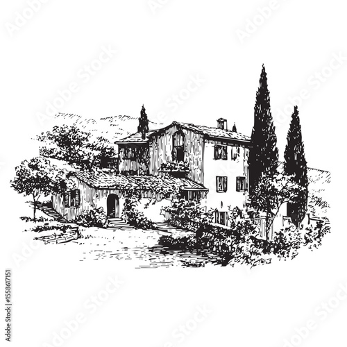 Charming countryside villa with cypress trees and lush gardens