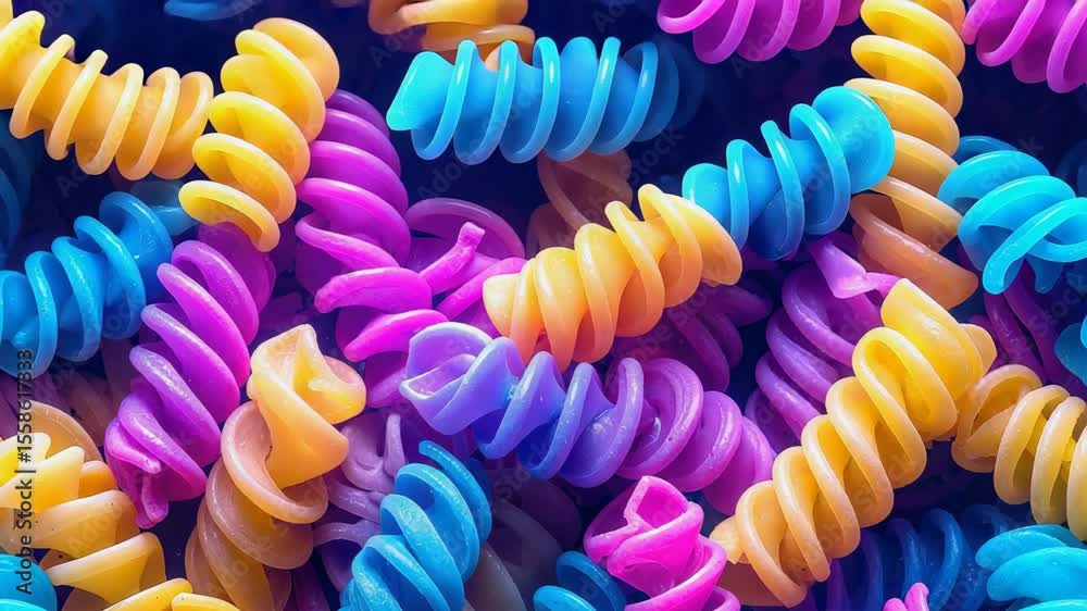 Close up of vibrant, multi colored rotini pasta, creating whimsical visual.