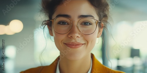 A young female with glasses looking at the camera, likely in an office setting.