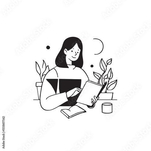 Reading a book at home with plants in a cozy environment