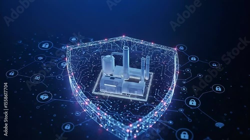 A digital representation of a factory secured within a shield, symbolizing protection in a connected environment, with data nodes and security icons in the background
