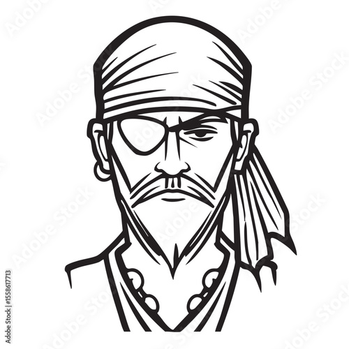 A detailed character design of a pirate wearing a bandana and eyepatch