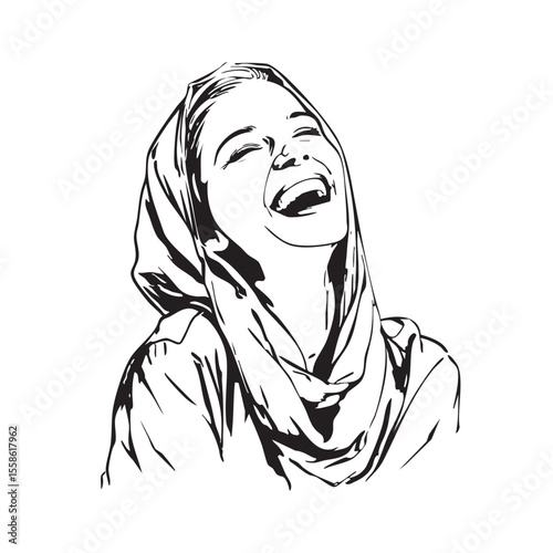 Woman with a headscarf joyfully laughing and radiant