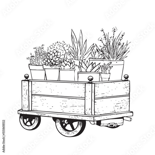 Wooden cart with potted plants and succulents for home decor