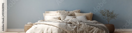 Bedroom Scene Muted Blue Wall Soft Beige Linens Clean Minimalist Design Neutral Tones Styled Bedding Layers Soft Daylight