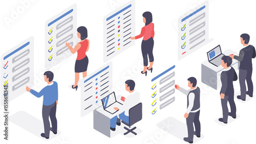 Isometric view of people interacting with checklists and laptops in a work environment setting