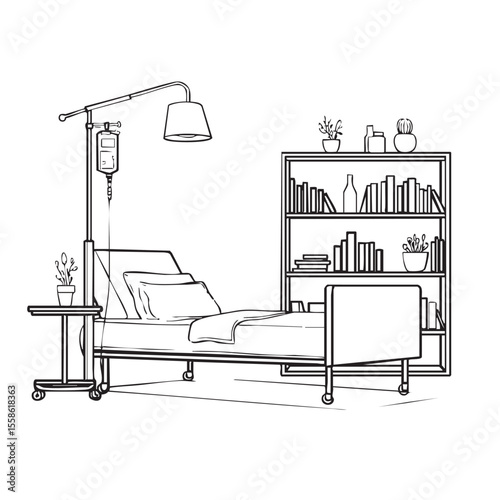 Hospital room design with a bed and bookshelf for patient care