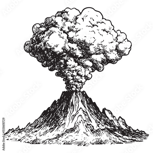 Erupting volcano with dramatic clouds and rocky landscape