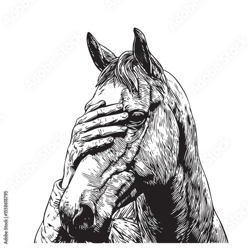 Horse covering face with hand in humorous expression