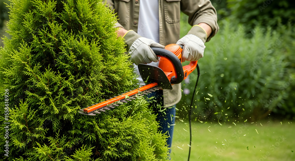 Obraz premium Close-up of a person trimming a green conifer shrub with an electric hedge trimmer in a garden, showing flying clippings