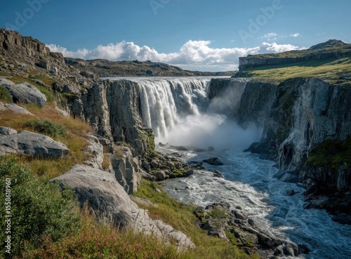 Majestic Waterfall Cascading Over Rocky Cliffs Surrounded by Lush Greenery Under Clear Blue Sky in Stunning Landscape Scene